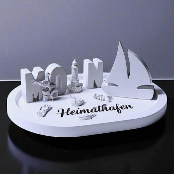 Moin Heimathafen Maritim Dekoteller Set aus Raysin Segelboot Leuchtturm Möwe Buchstaben - Artikel-Nr. 1100038